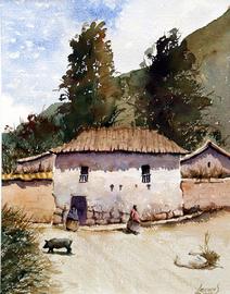 Urubamba watercolor by Hugo Lecaros