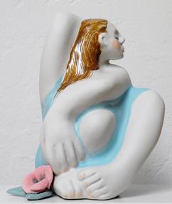 Sculpture of Seated Woman in Turquoise by Janet Bajorek