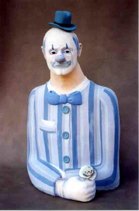 Blue Clown ceramic sculpture by Janet Fullmer Bajorek