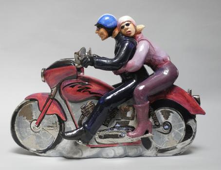 Harley Motorcycle Ceramic Sculpture by Janet Bajorek